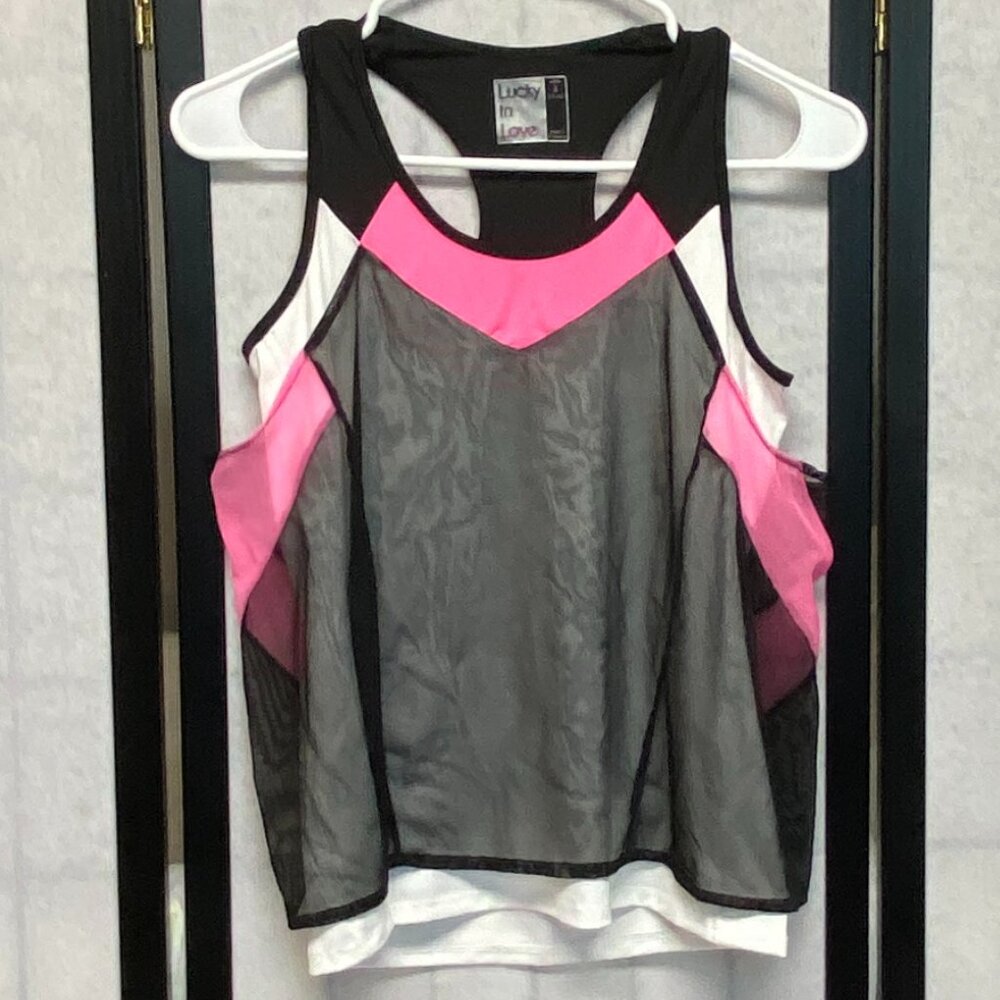 Lucky in Love Racerback Mesh Dual Layer Knit Sport Active Top S Black Pink NWT